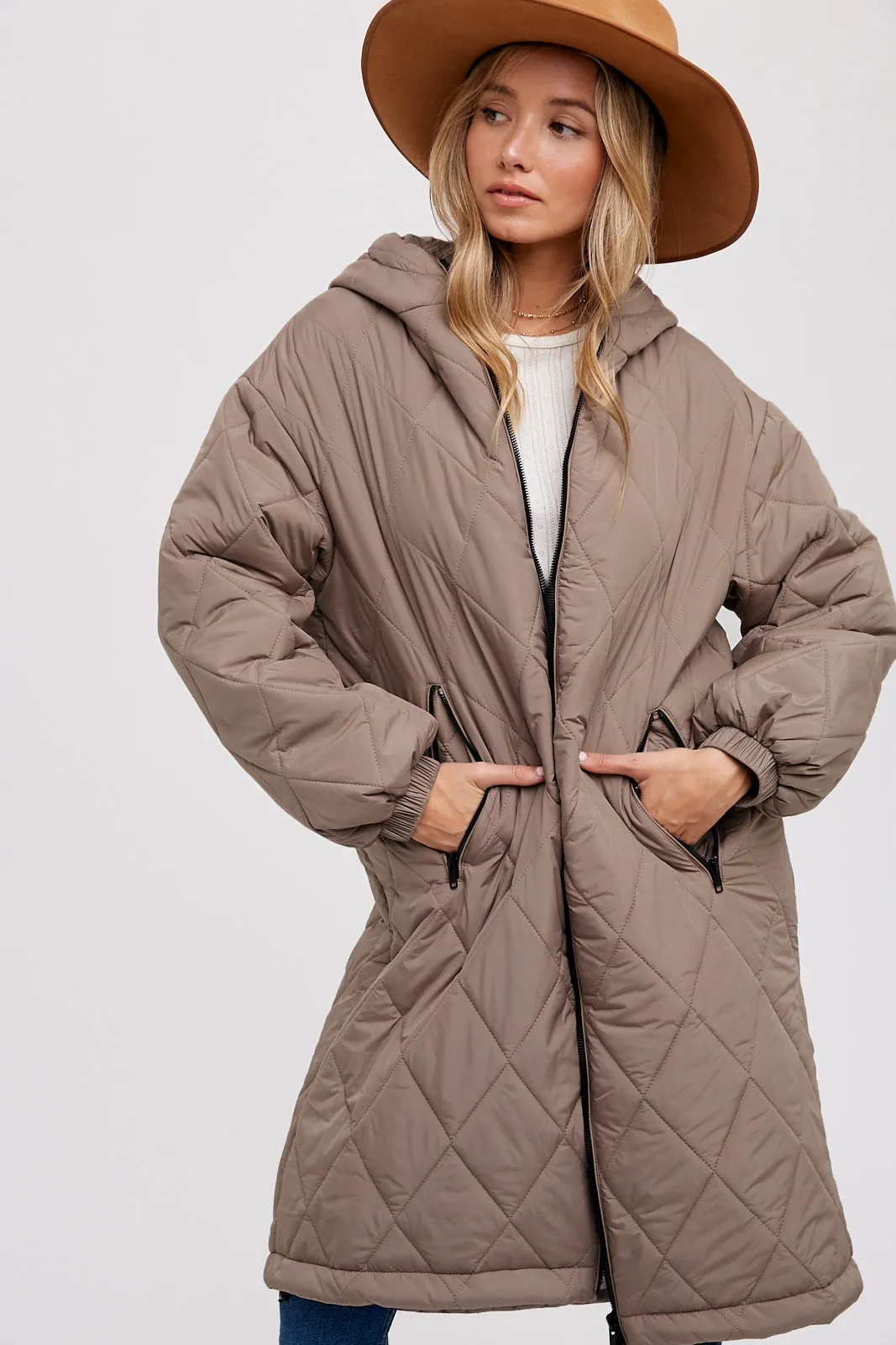 Longline Quilted Puffer Jacket • Mushroom
