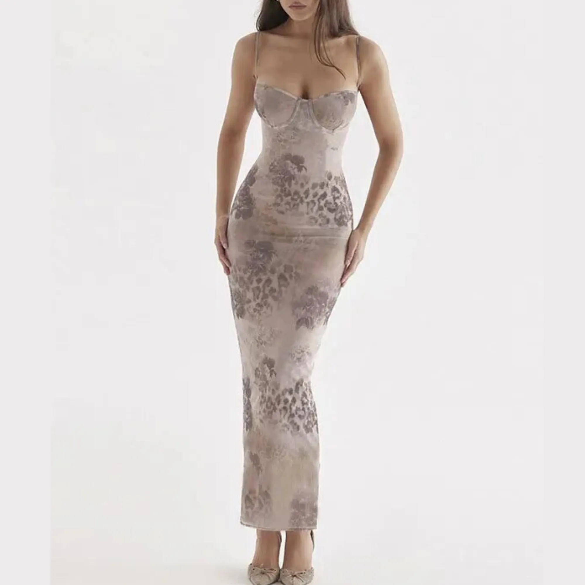 Lottie - Nude Print Cocktail Evening Maxi Dress