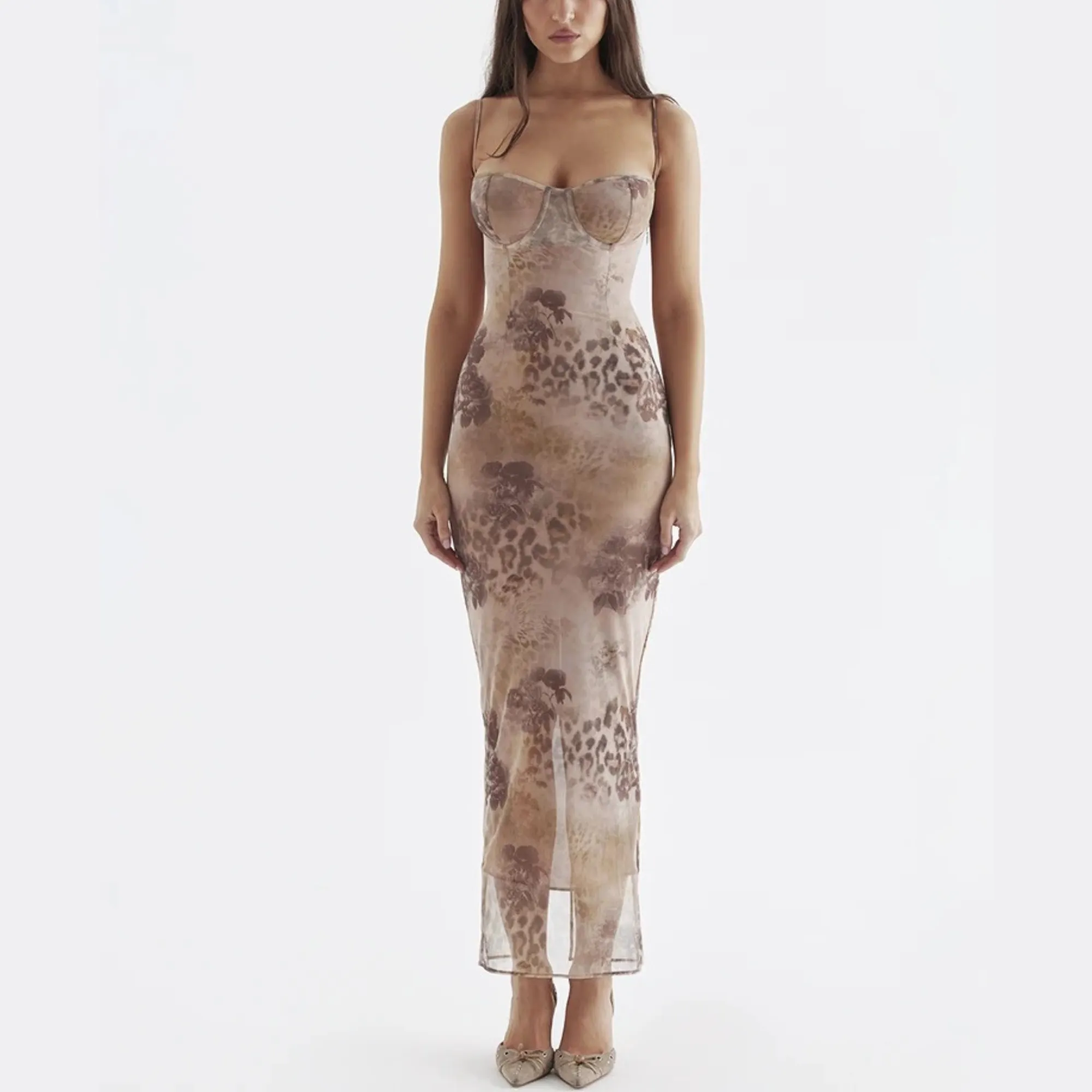Lottie - Nude Print Cocktail Evening Maxi Dress