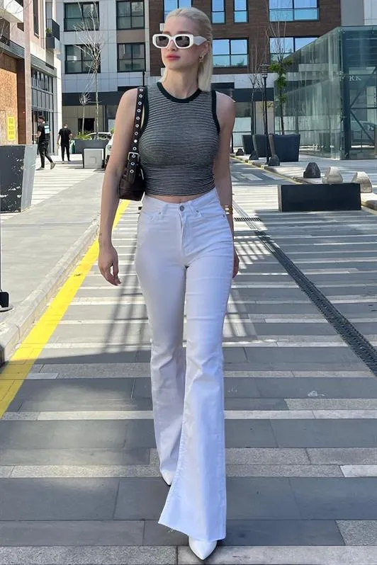 MDX Women's White Slit Lycra Flared Jeans Pants Mg1518 - Garland