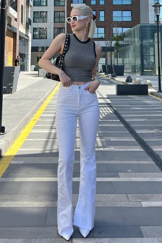 MDX Women's White Slit Lycra Flared Jeans Pants Mg1518 - Garland