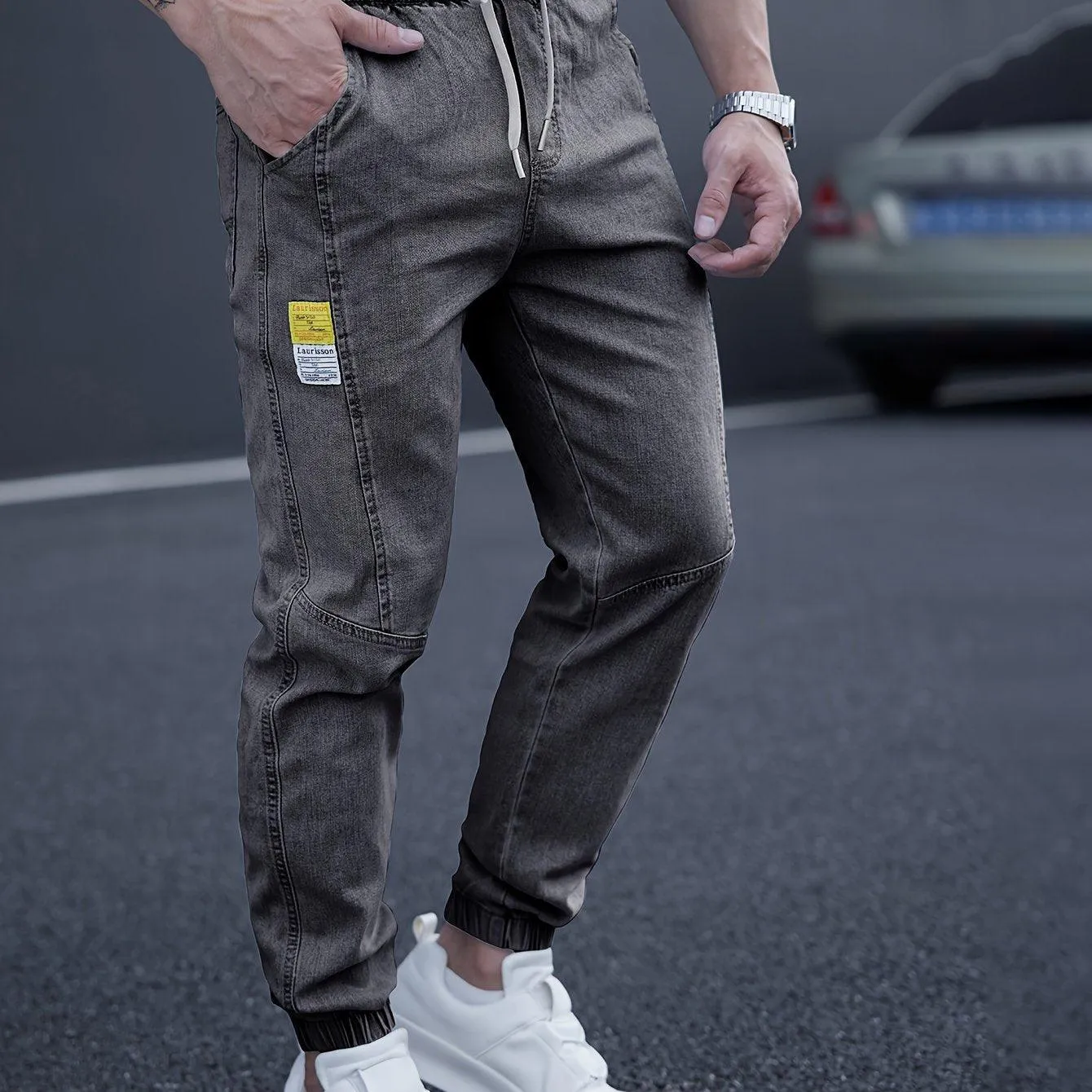 Men's Casual Tapered Jeans, Chic Street Style Waist Drawstring Joggers