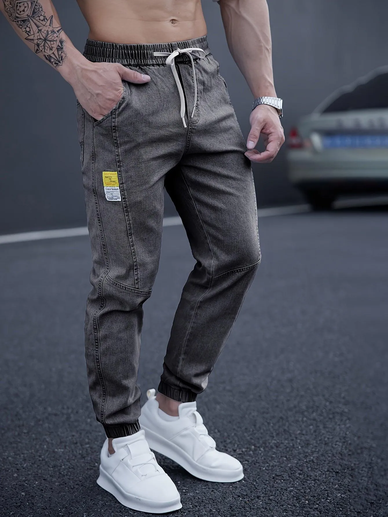 Men's Casual Tapered Jeans, Chic Street Style Waist Drawstring Joggers