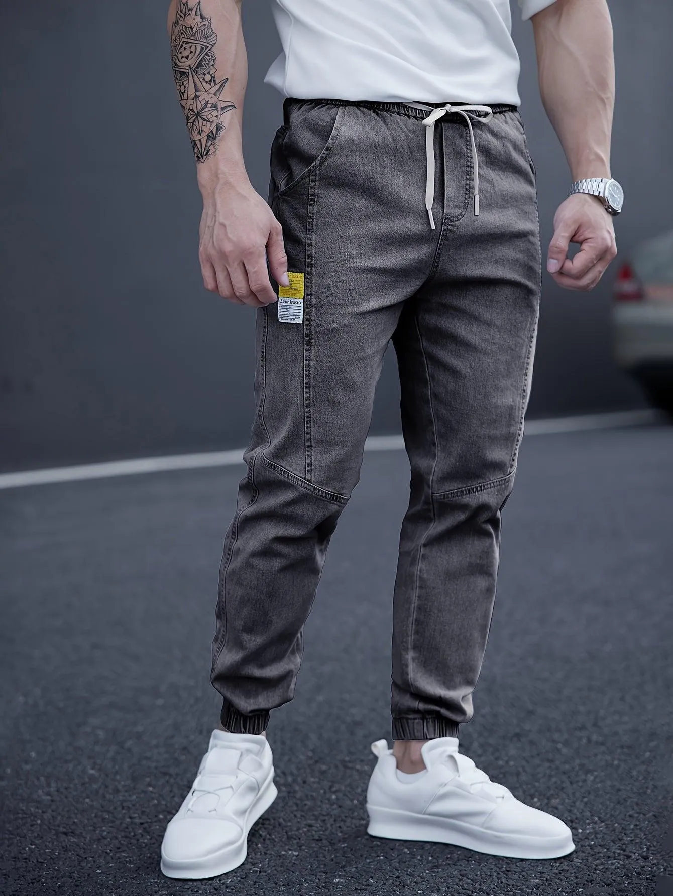 Men's Casual Tapered Jeans, Chic Street Style Waist Drawstring Joggers