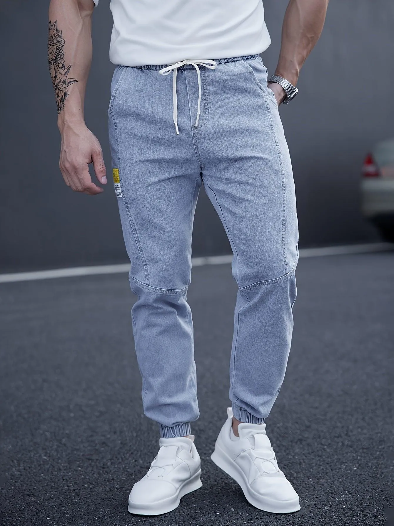 Men's Casual Tapered Jeans, Chic Street Style Waist Drawstring Joggers