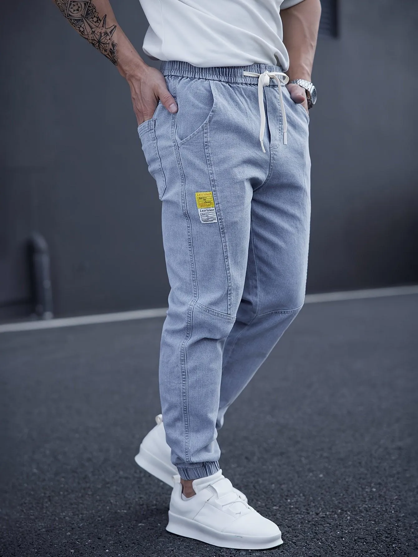Men's Casual Tapered Jeans, Chic Street Style Waist Drawstring Joggers