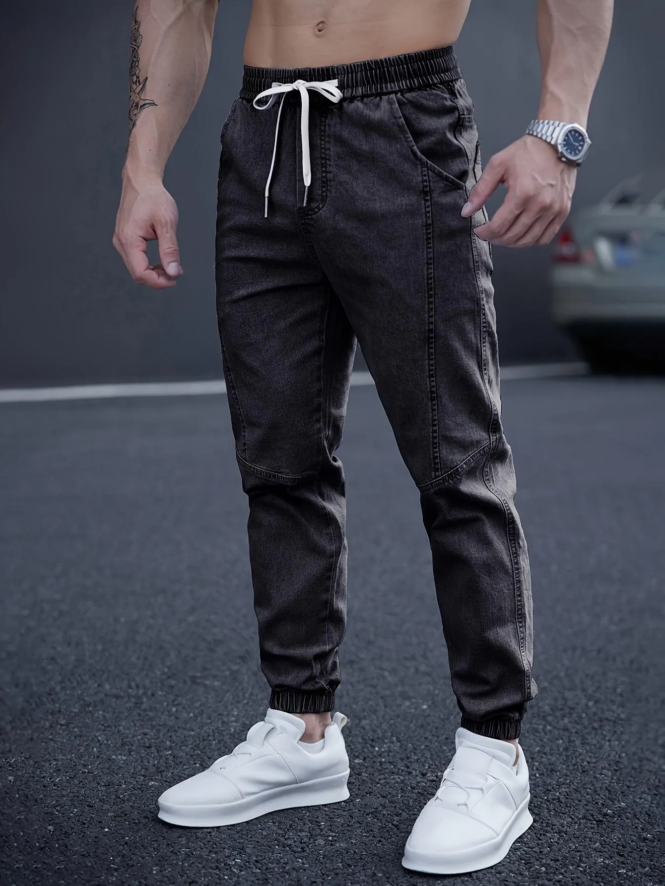 Men's Casual Tapered Jeans, Chic Street Style Waist Drawstring Joggers