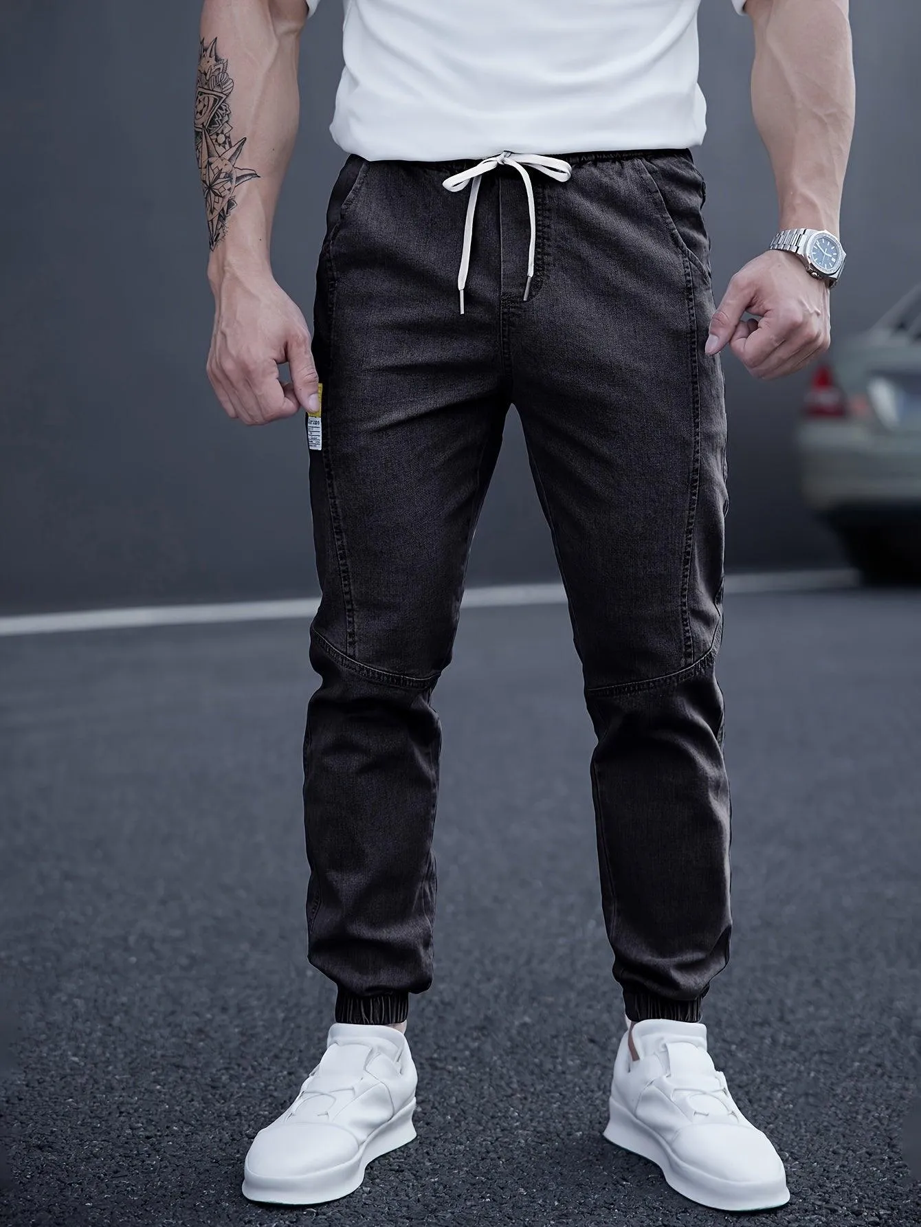 Men's Casual Tapered Jeans, Chic Street Style Waist Drawstring Joggers