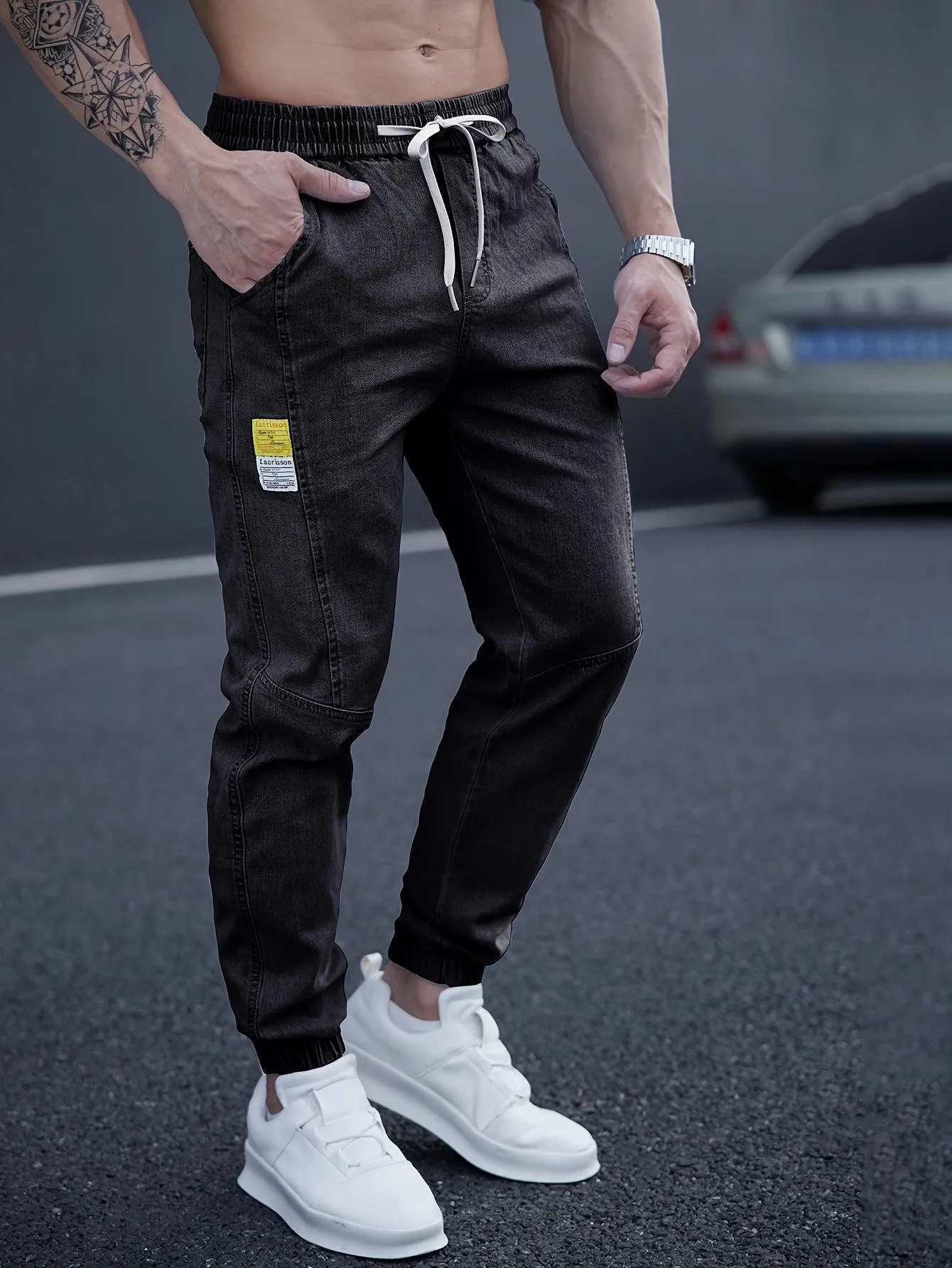 Men's Casual Tapered Jeans, Chic Street Style Waist Drawstring Joggers