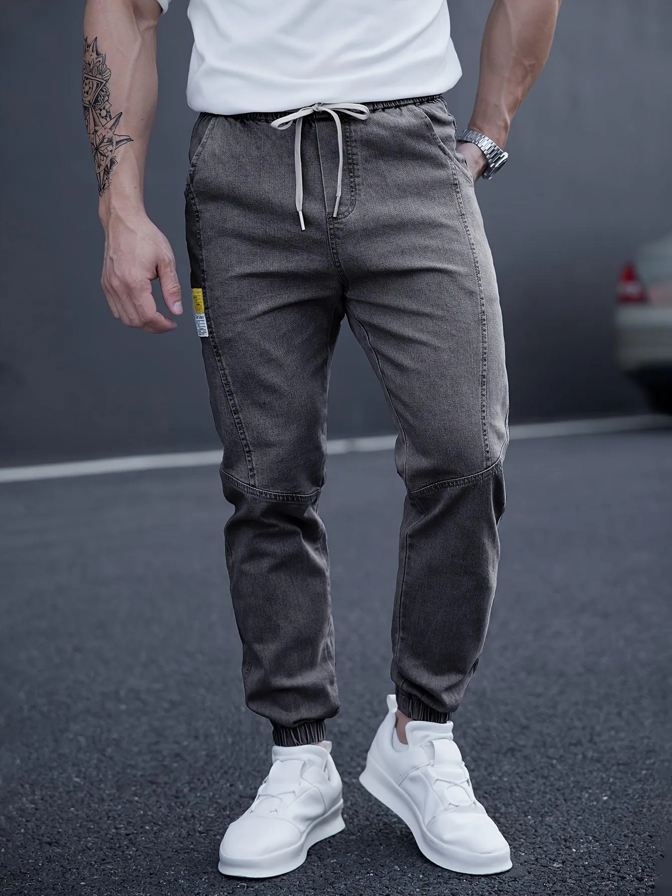 Men's Casual Tapered Jeans, Chic Street Style Waist Drawstring Joggers