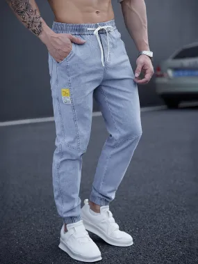 Men's Casual Tapered Jeans, Chic Street Style Waist Drawstring Joggers