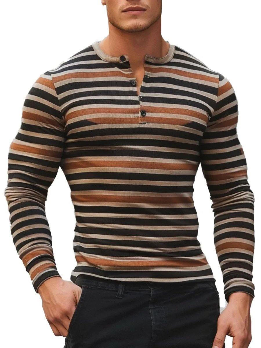 Men's Henley Collar Button Vintage Striped Casual Long Sleeve T-Shirt