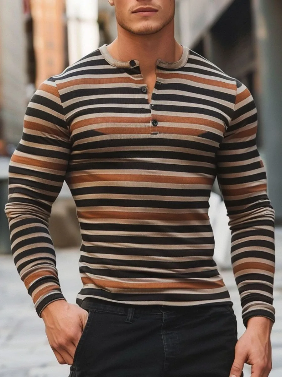 Men's Henley Collar Button Vintage Striped Casual Long Sleeve T-Shirt