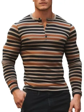 Men's Henley Collar Button Vintage Striped Casual Long Sleeve T-Shirt