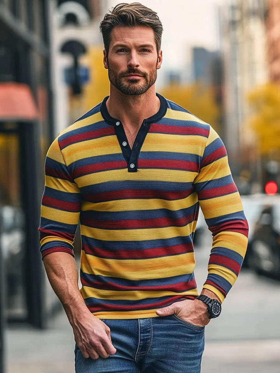 Men's Henley Collar Striped Casual Long Sleeve T-Shirt