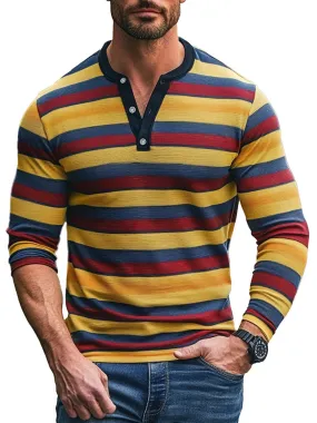 Men's Henley Collar Striped Casual Long Sleeve T-Shirt