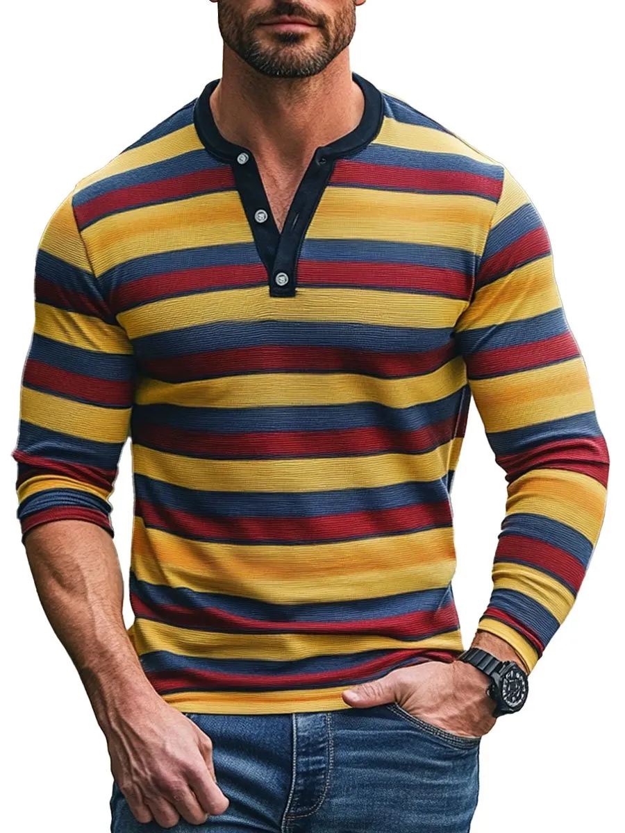 Men's Henley Collar Striped Casual Long Sleeve T-Shirt