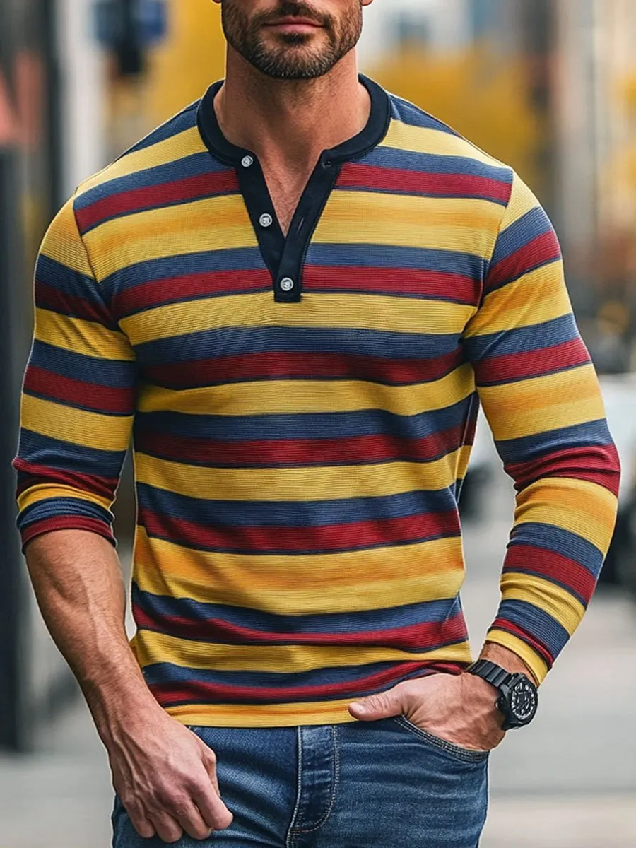 Men's Henley Collar Striped Casual Long Sleeve T-Shirt