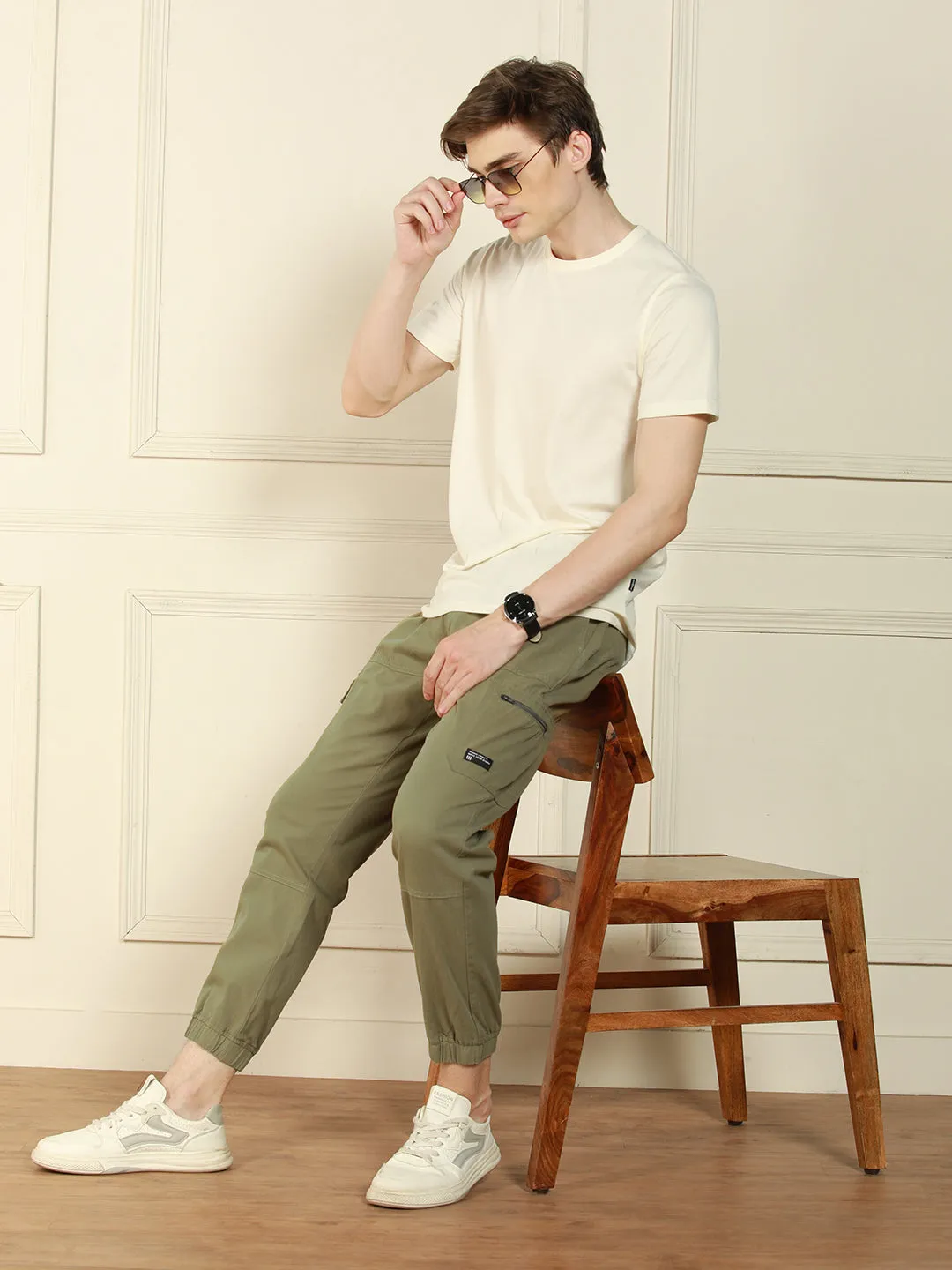 Men's Light Olive Regular Fit Solid Cotton Lycra Stretchable Cargo Joggers