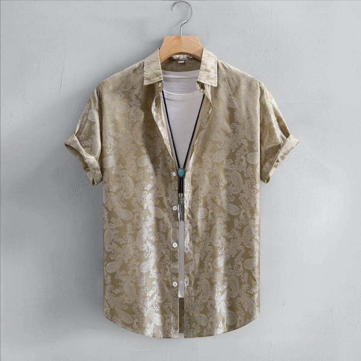 Mens Paisley Print Satin Shirt Casual Dress Shirt Button Down Shirt White