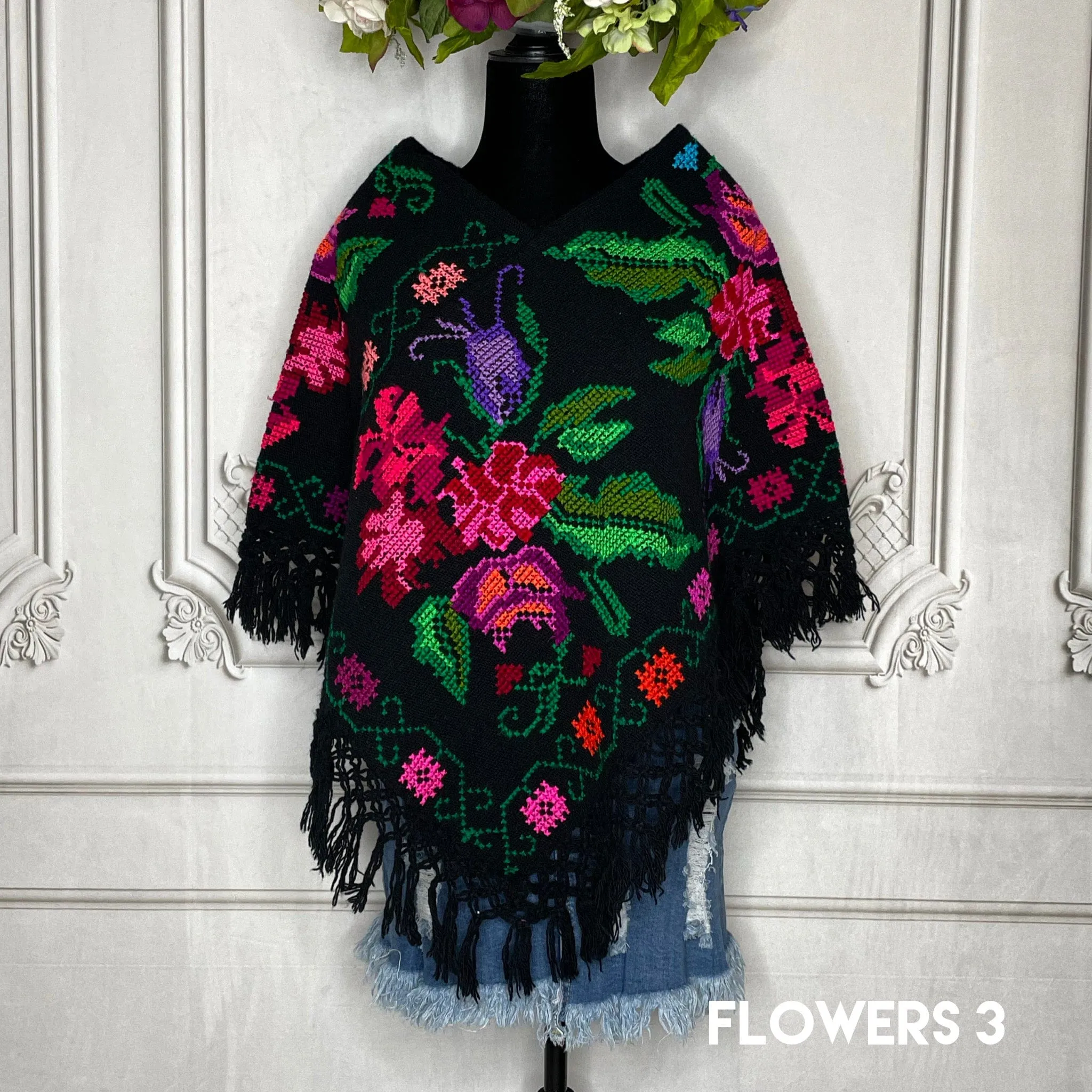 Mexican Cape Poncho Cross Stitch Black Floral