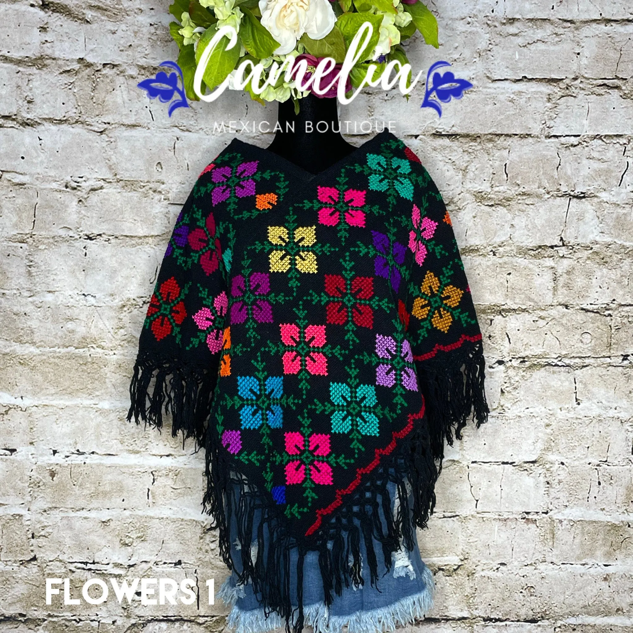 Mexican Cape Poncho Cross Stitch Black Floral