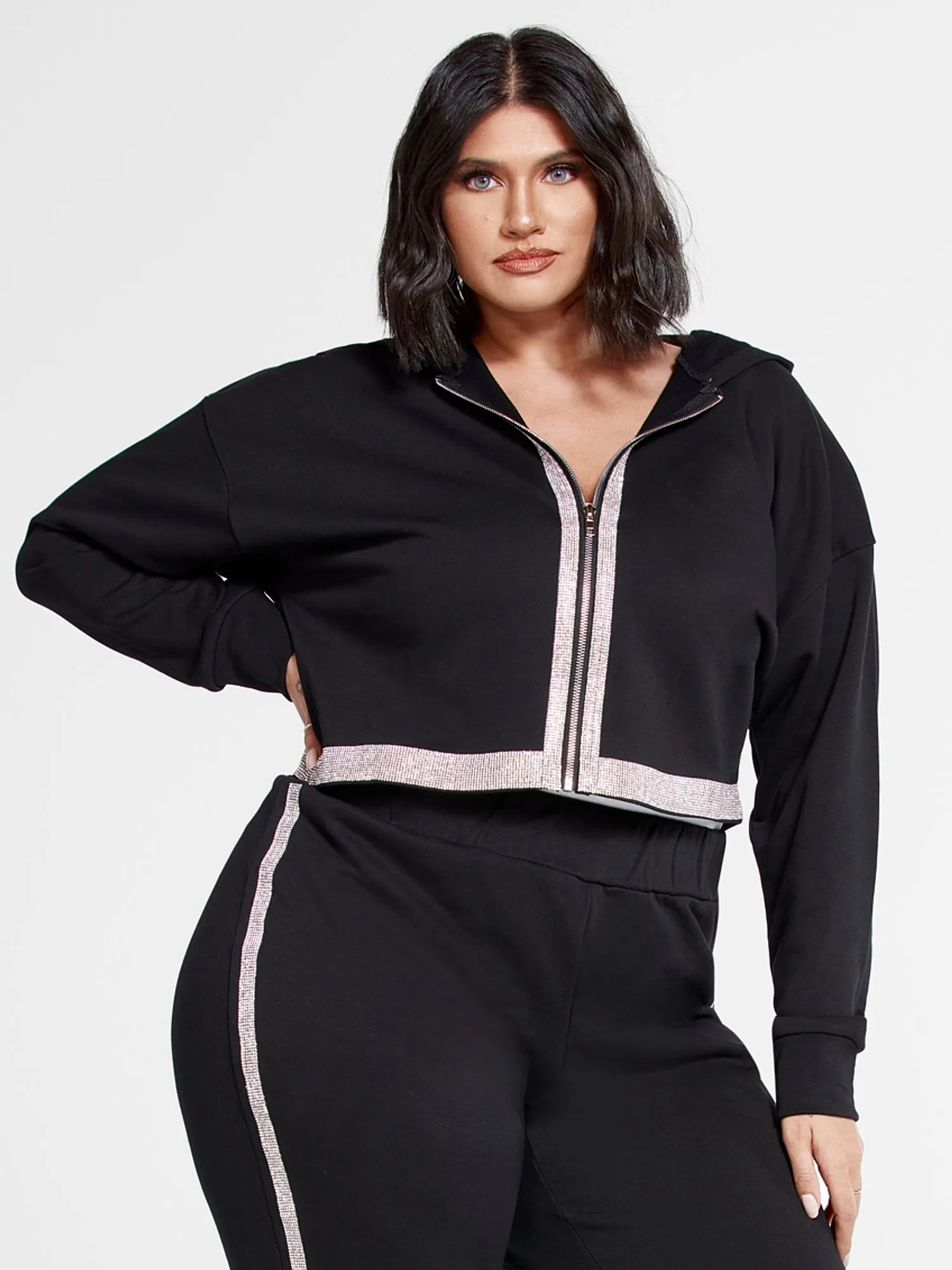 Michelle Rhinestone Trim Cropped Hoodie