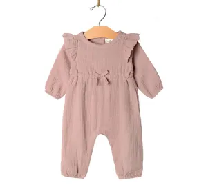 Muslin Embroidered Flutter Sleeve Romper - Lilac