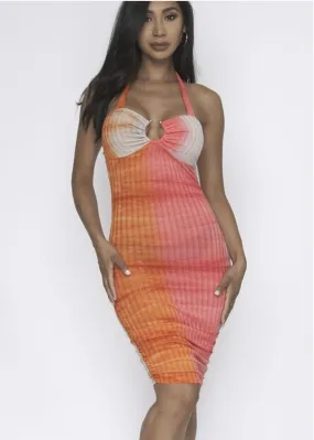 Orange-Coral Halter Bodycon Dress