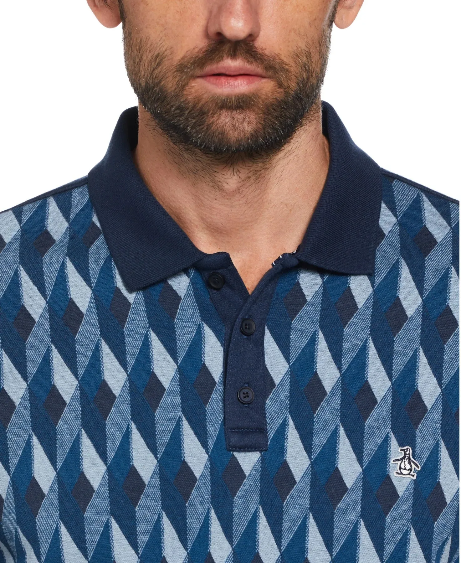 Original Penguin Jacquard Diamond Geo Print Polo Shirt - Dress Blues
