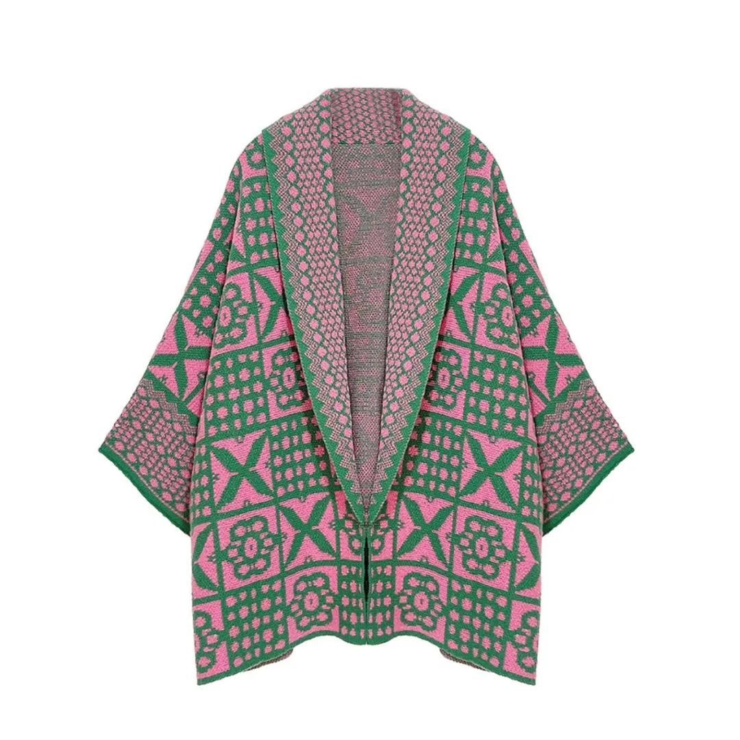 Pink and Green Tile Pattern Knit Cardigan