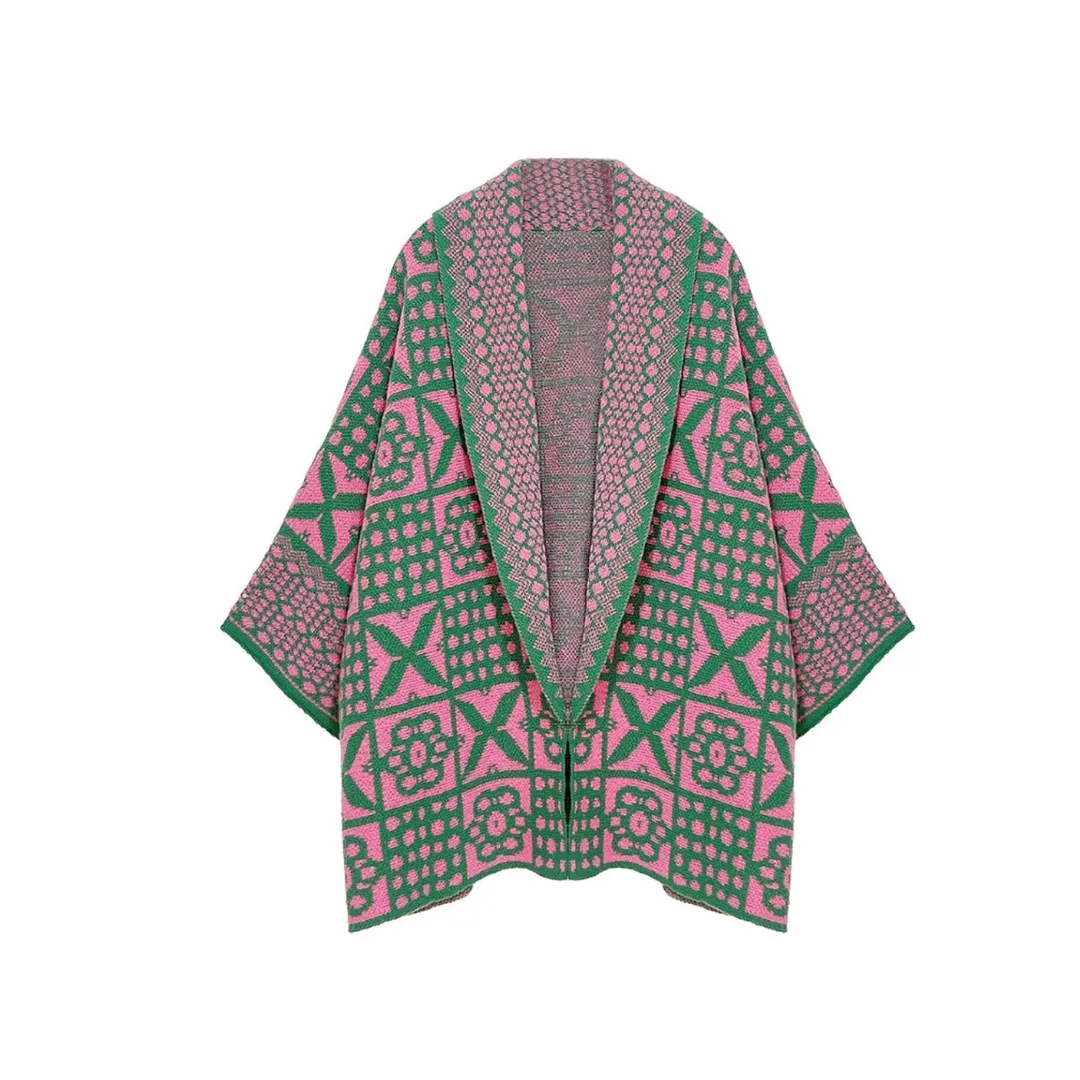 Pink and Green Tile Pattern Knit Cardigan