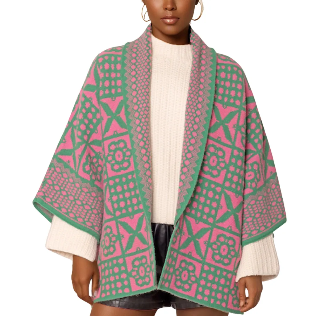Pink and Green Tile Pattern Knit Cardigan
