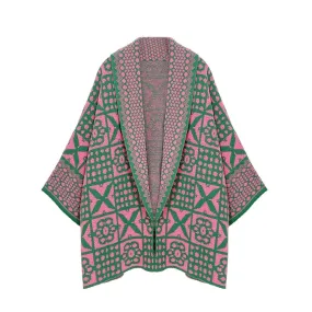 Pink and Green Tile Pattern Knit Cardigan