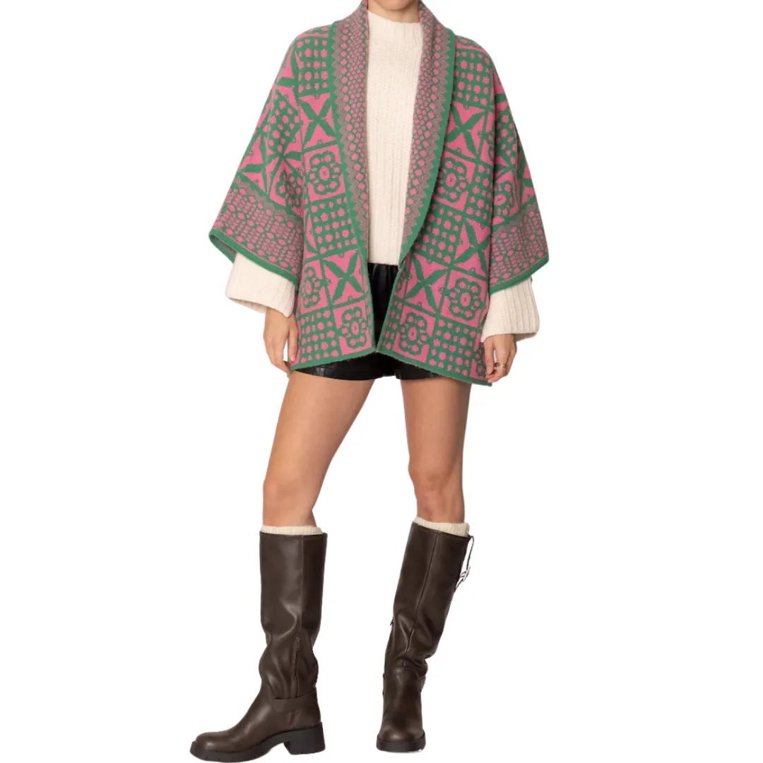 Pink and Green Tile Pattern Knit Cardigan