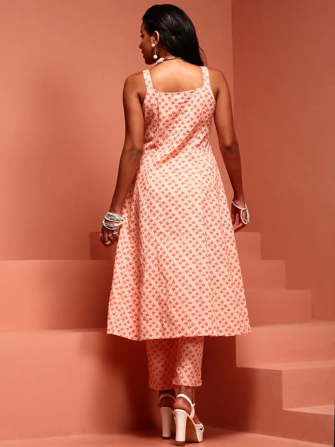 Pink Cotton Flared Kurta Set