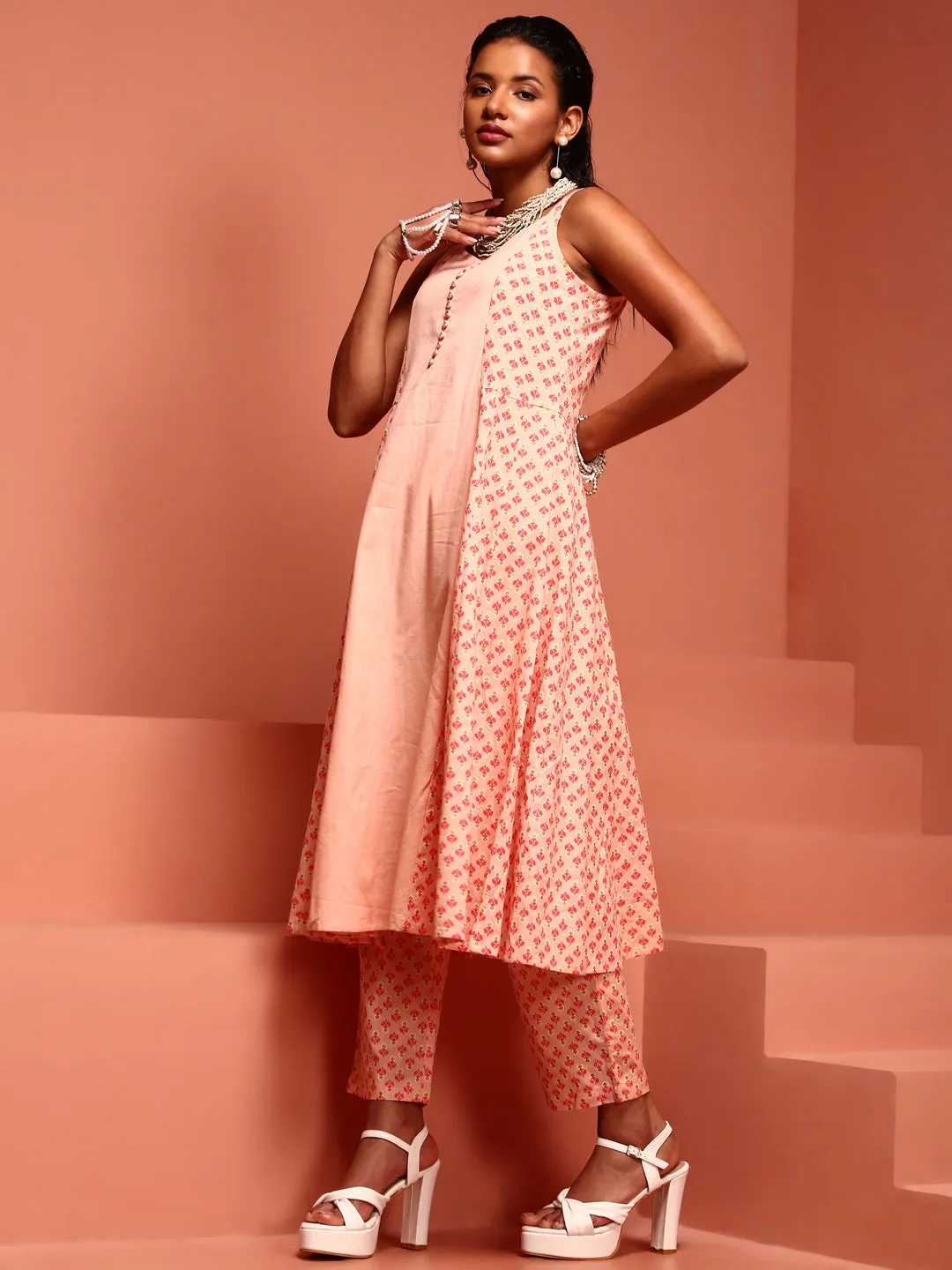 Pink Cotton Flared Kurta Set