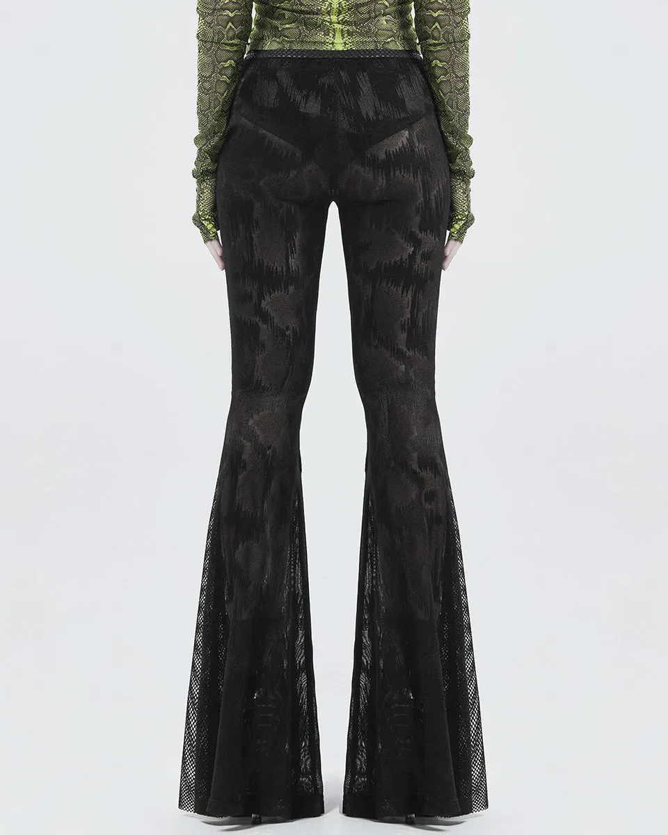 Punk Rave Womens Apocalyptic Goth Sheer Mesh Fishnet Flare Leggings Bell Bottoms