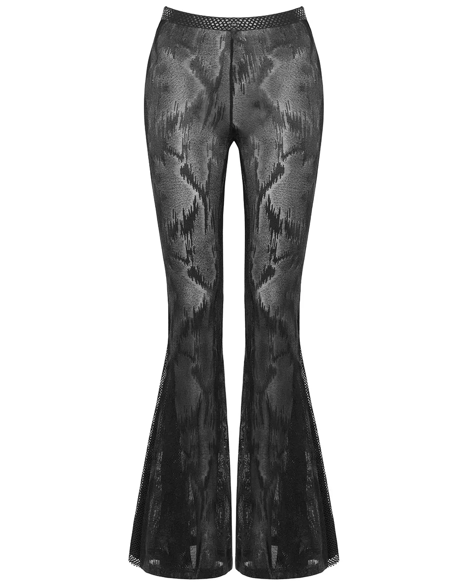 Punk Rave Womens Apocalyptic Goth Sheer Mesh Fishnet Flare Leggings Bell Bottoms