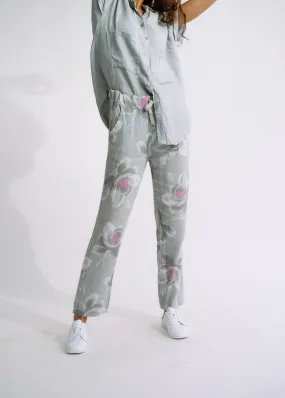 Pure Linen Italian Floral Printed Joggers in Pearl Grey