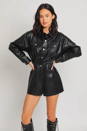 "Center Of Attention" Vegan Leather Black Long Sleeve Romper