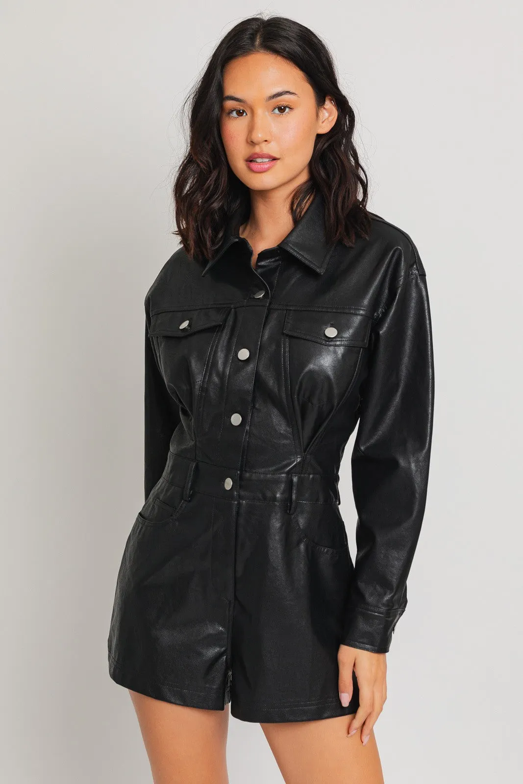 "Center Of Attention" Vegan Leather Black Long Sleeve Romper