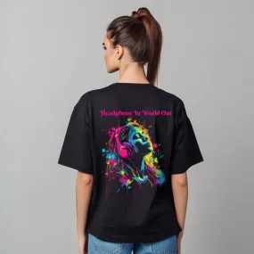 "Headphones In, World Out" Vibrant Graphic Tee - Women's Oversized Cotton T-Shirt