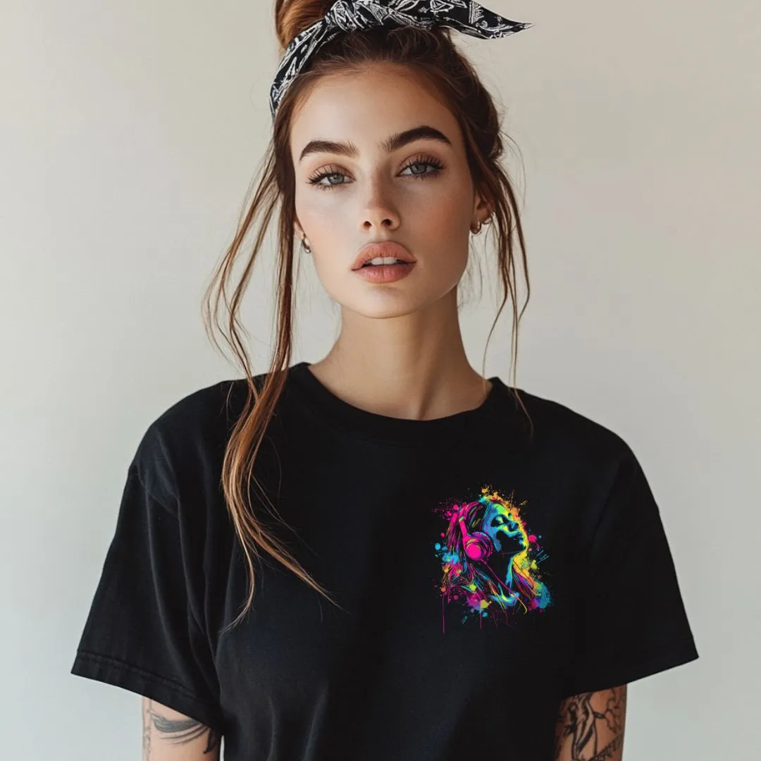 "Headphones In, World Out" Vibrant Graphic Tee - Women's Oversized Cotton T-Shirt