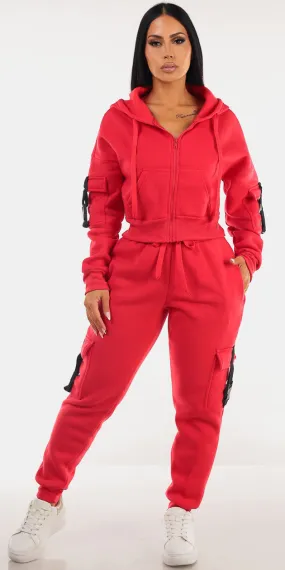 Red Fleece Cargo Joggers Combo