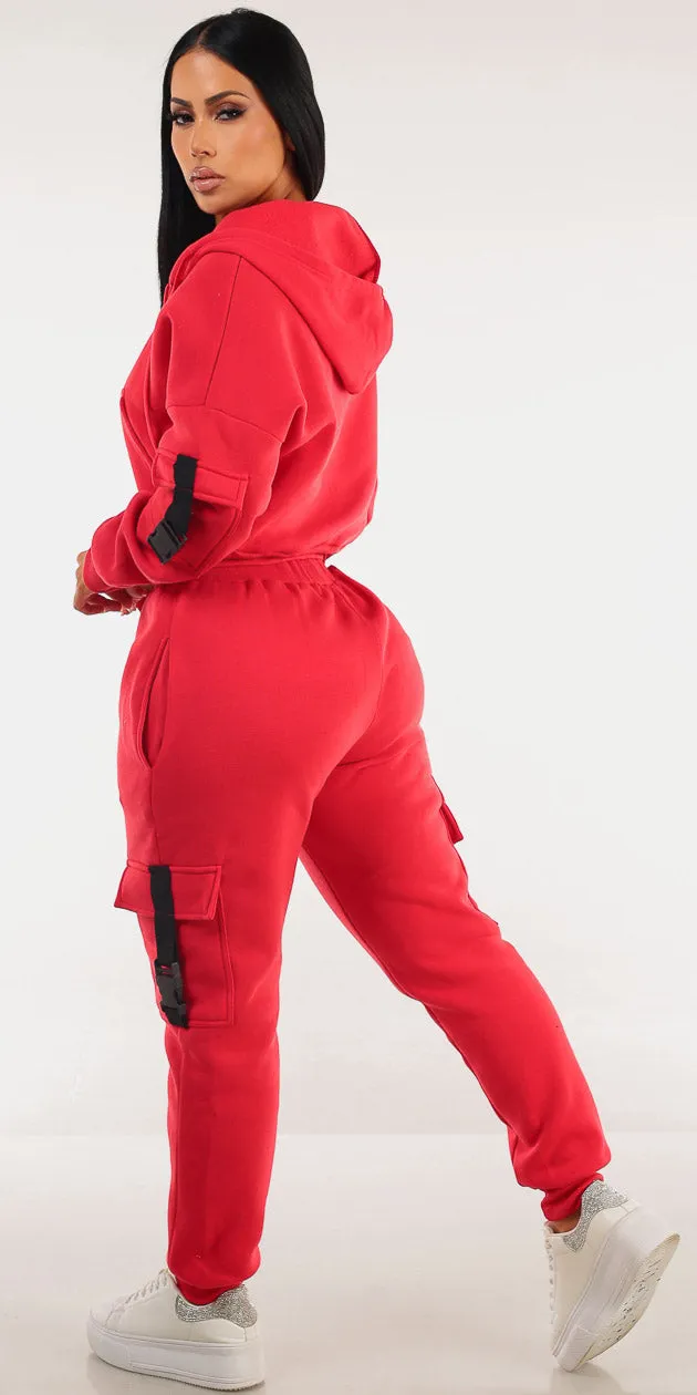 Red Fleece Cargo Joggers Combo