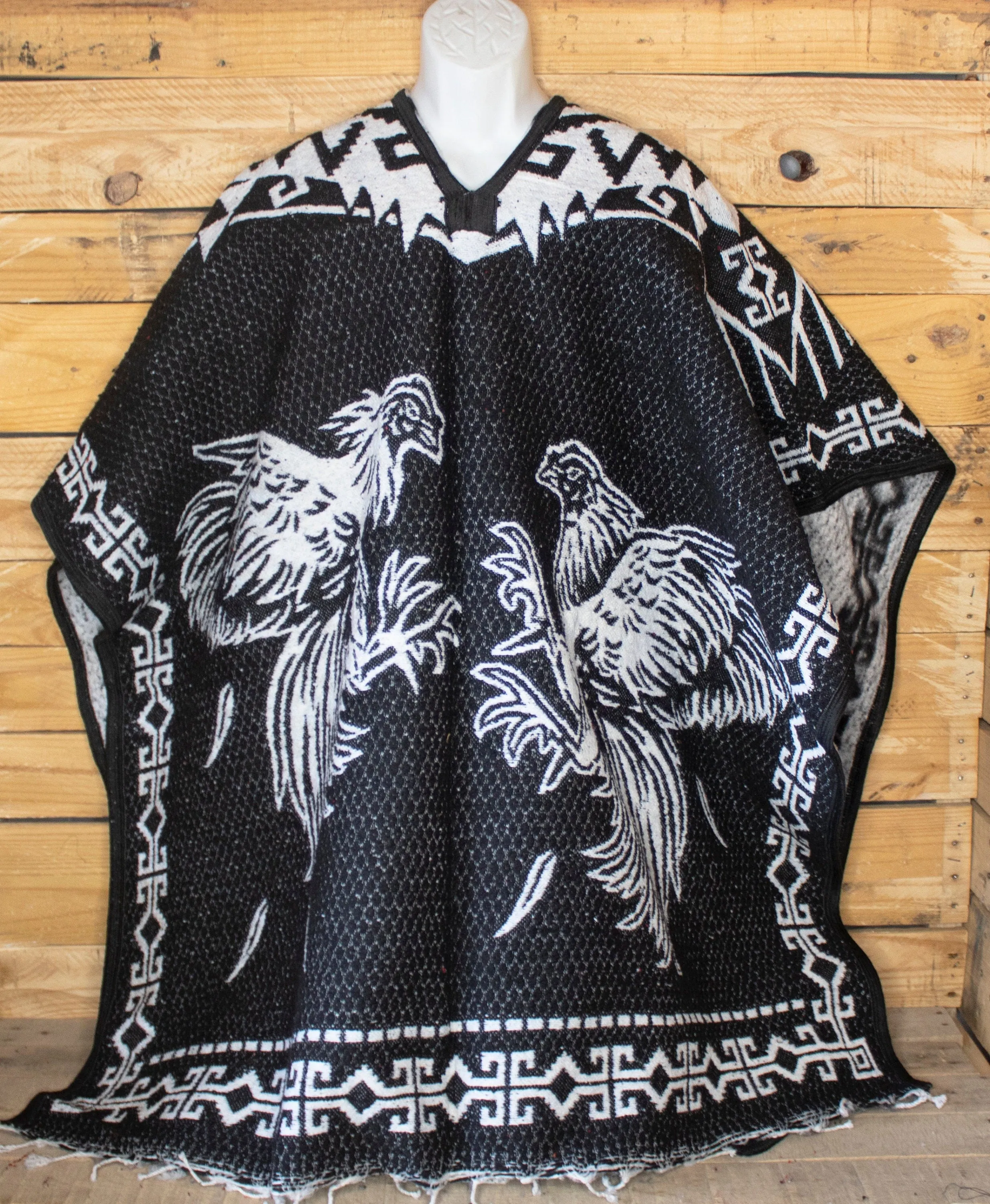 ROOSTER GALLOS cockfighting 2 sided reversible Mexican Poncho rebozo Gaban
