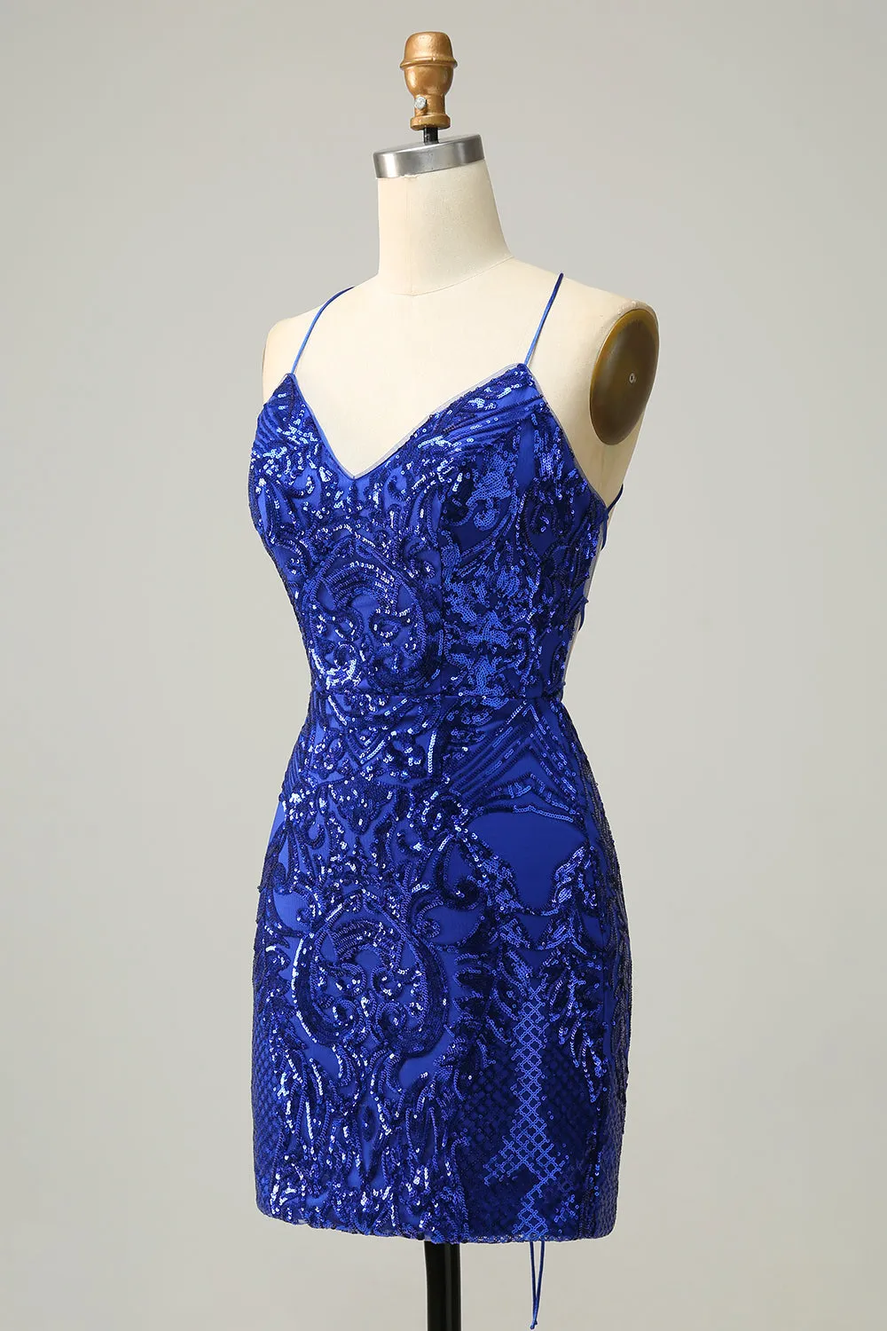 Sheath Spaghetti Straps Royal Blue Sequins Short Homecoming Dress