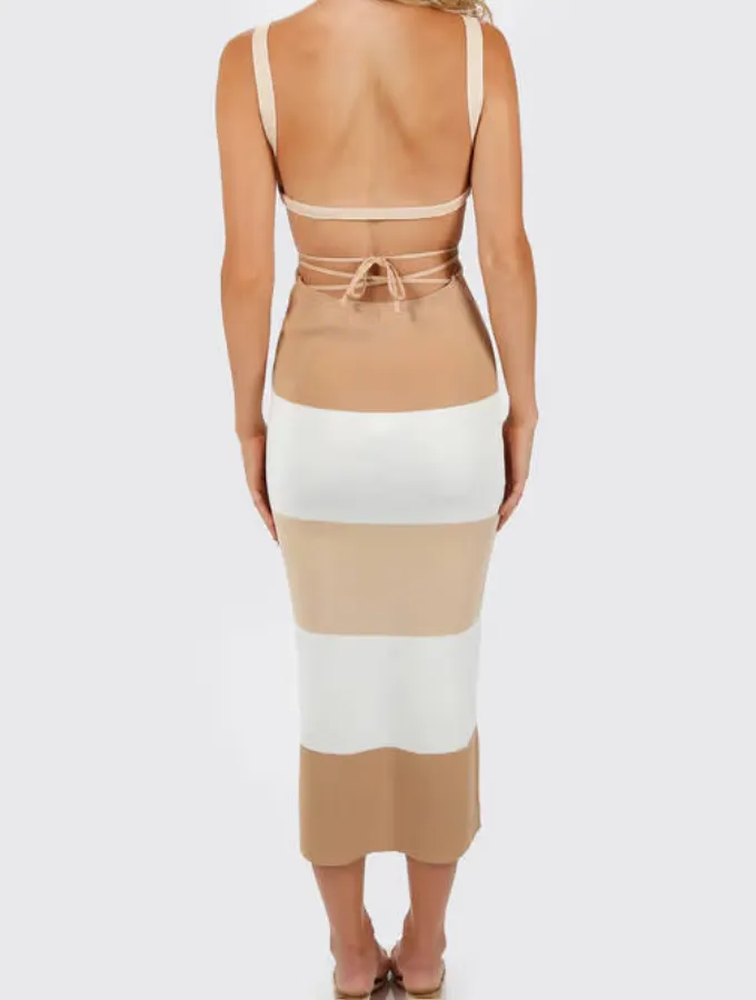 STRIPE BACKLESS BODYCON DRESS - BEIGE