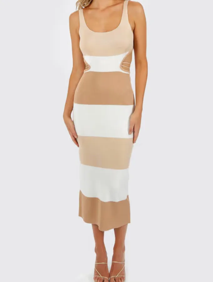 STRIPE BACKLESS BODYCON DRESS - BEIGE